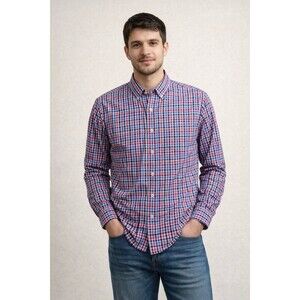 Peter Millar Shirt Pink/Blue Plaid 100% Cotton Button Front Long Sleeve Shirt L